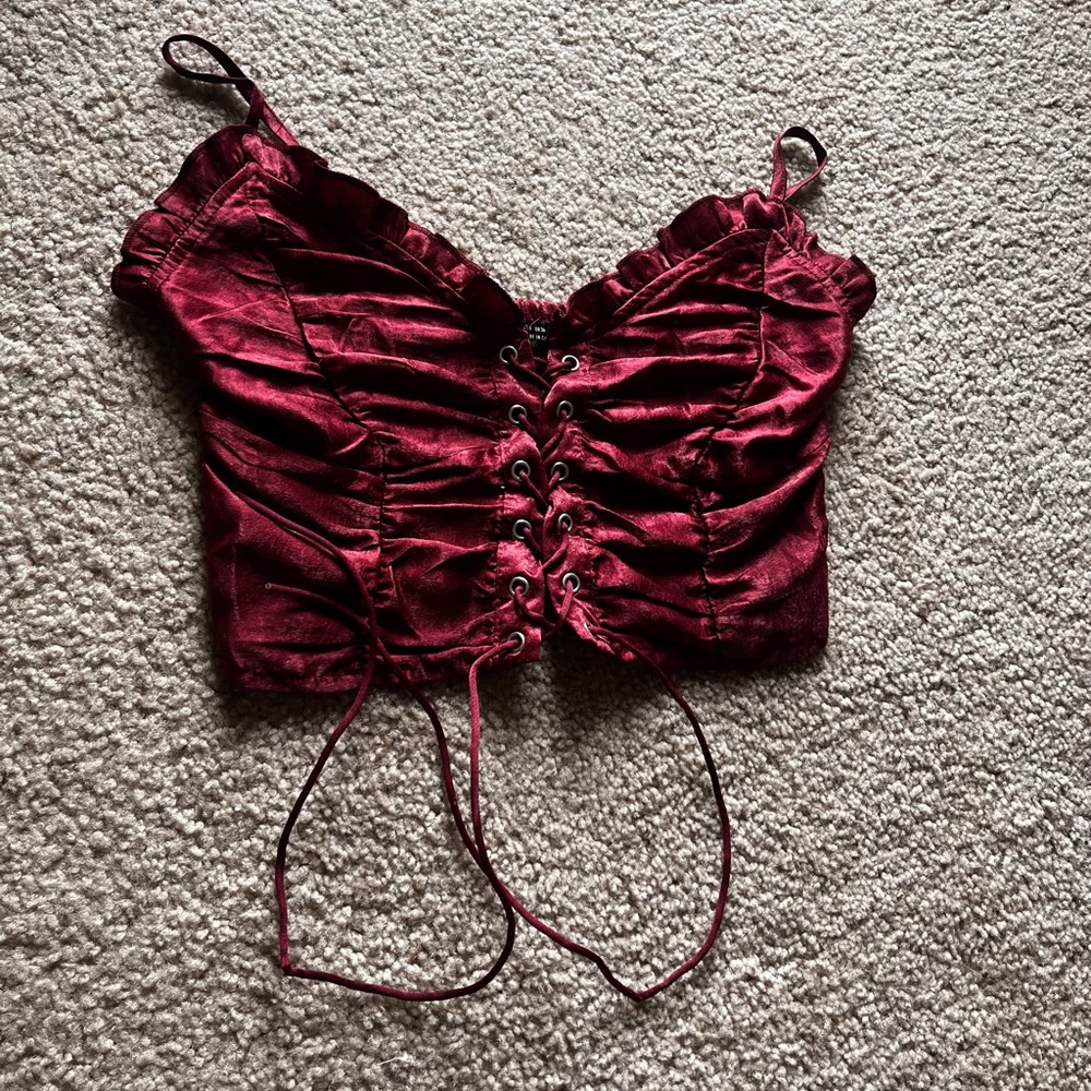 Maroon Lace-Up Corset Crop Tank Top